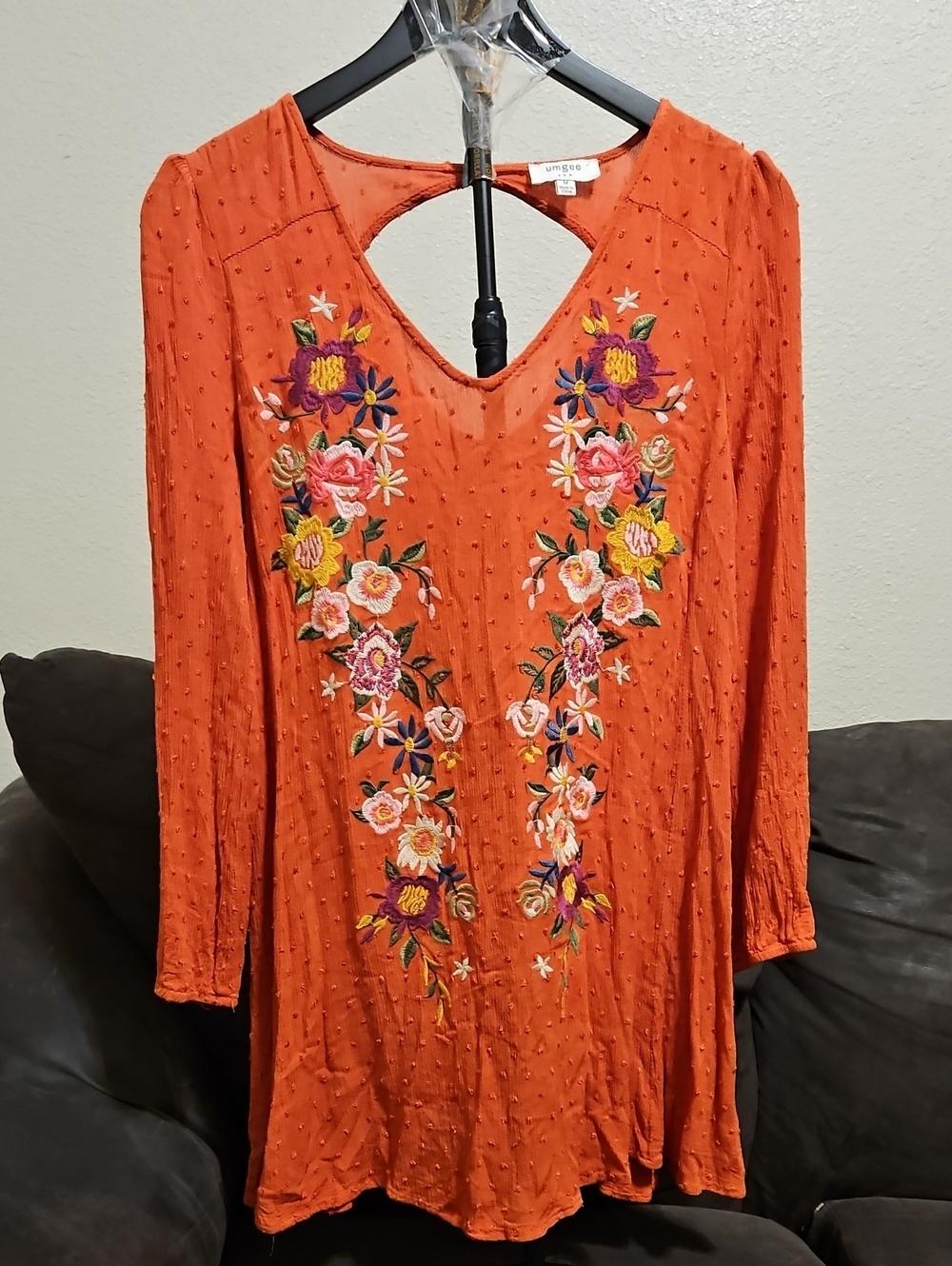 Umgee Orange Long-Sleeve Embroidered V-Neck Dress - Picture 1 of 7